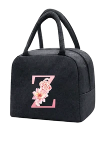 1 件隔热午餐袋 - 黑色帆布轻便便携式冷藏袋，带粉色花卉字母图案保温午餐盒手提袋，适用于学校办公室野餐露营和旅行；多功能食品储存袋可重复使用手提包，适合男孩女孩学生教师和专业人士，女士后印花午餐袋，学校午餐盒 - 黑色 - 查看 21