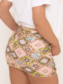 Womens Y2k  Sparkle Sequins Mini Skirts Mid Rise Shiny Glitter Short Skirts Summer  Retro Grunge Skinny Skirts  Casual Going Out Shiny Glitter Skirts Party Club Daily Streetwear Clubwear - 粉色 - 查看 4