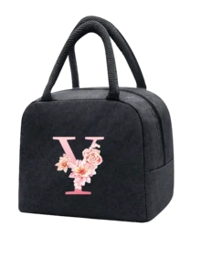1 件隔热午餐袋 - 黑色帆布轻便便携式冷藏袋，带粉色花卉字母图案保温午餐盒手提袋，适用于学校办公室野餐露营和旅行；多功能食品储存袋可重复使用手提包，适合男孩女孩学生教师和专业人士，女士后印花午餐袋，学校午餐盒 - 黑色 - 查看 17