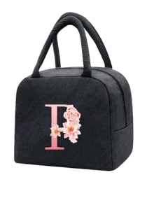 1 件隔热午餐袋 - 黑色帆布轻便便携式冷藏袋，带粉色花卉字母图案保温午餐盒手提袋，适用于学校办公室野餐露营和旅行；多功能食品储存袋可重复使用手提包，适合男孩女孩学生教师和专业人士，女士后印花午餐袋，学校午餐盒 - 黑色 - 查看 28
