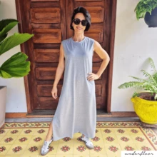 Women's Midi Cotton Dress With Ribbed Collar And One-Sided Slit – Casual Chic Style Comfortable Spring/Summer Simple Side Slit Evening Home Street Night Airport Clothes - 灰色 - 查看 2