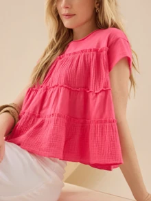 Women Y2k Solid Color Babydoll Blouse Pleated Ruffle Hem Flowy Crop Tops Loose Fit Short Sleeve Round Neck T Shirt Summer Going Out Tops Daily Casual Streetwear - Đỏ - Xem 1