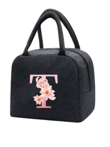1 件隔热午餐袋 - 黑色帆布轻便便携式冷藏袋，带粉色花卉字母图案保温午餐盒手提袋，适用于学校办公室野餐露营和旅行；多功能食品储存袋可重复使用手提包，适合男孩女孩学生教师和专业人士，女士后印花午餐袋，学校午餐盒 - 黑色 - 查看 12