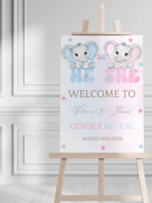 Personalized Name Elephant Gender Reveal Welcome Sign, Customizable Pastel Pink And Blue Baby Shower Poster, Baby Shower, Gender Reveal Poster - Multicolor - View 6