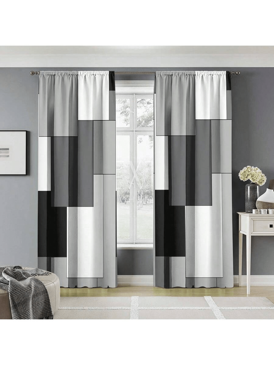 Geometric Gray Curtains, 2Pcs Kitchen Curtain Abstract Art Rod Pocket Curtain For Kitchen Window Modern Unique Patterns