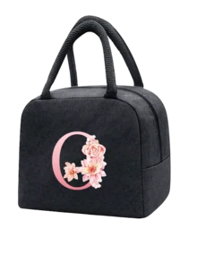 1 件隔热午餐袋 - 黑色帆布轻便便携式冷藏袋，带粉色花卉字母图案保温午餐盒手提袋，适用于学校办公室野餐露营和旅行；多功能食品储存袋可重复使用手提包，适合男孩女孩学生教师和专业人士，女士后印花午餐袋，学校午餐盒 - 黑色 - 查看 20