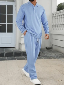 2pcs Men's Long Sleeve Polo Shirt And Drawstring Pants Set, Clean, Comfortable And Breathable - Baby Blue - View 1