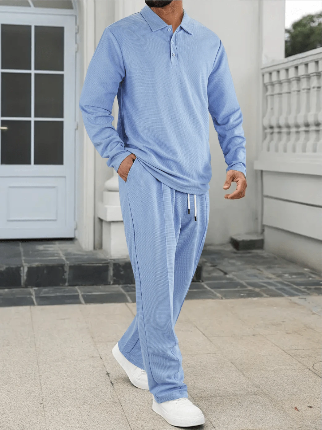 2pcs Men's Long Sleeve Polo Shirt And Drawstring Pants Set, Clean, Comfortable And Breathable - Baby Blue - View 1