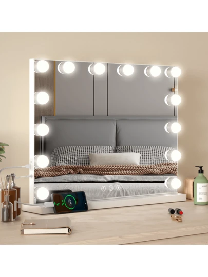 Teousev 50x42cm Vanity Mirror With Lights, Makeup Mirror With USB Charging Port, 14 Bulbs, 3 Lighting Modes, Desktop And Wall Mounted,Bedroom Tabletop Dressing Mirror White