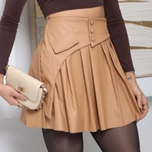 Simple Party Casual Sexy Elegant PU Leather Pleated Buttons Front Birthday Party Baby Shower Street Night Winter - Màu be - Xem 1