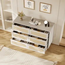 TYBOATLE Modern 6 Drawer Rattan Double Dresser With Gold Handles, Wood Storage Chest Of Drawers Fo Bedroom,Living Room,Hallway - White - View 5