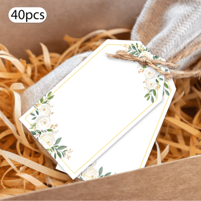 Tlenpo 40pcs Blank Floral Pattern Gift Tags, For Gifts, Weddings, Bridal Showers, Birthday Parties Decor, DIY Message Cards, Holiday Home Decor, Love Greeting Cards, Party Cards, Comes With Jute Twine