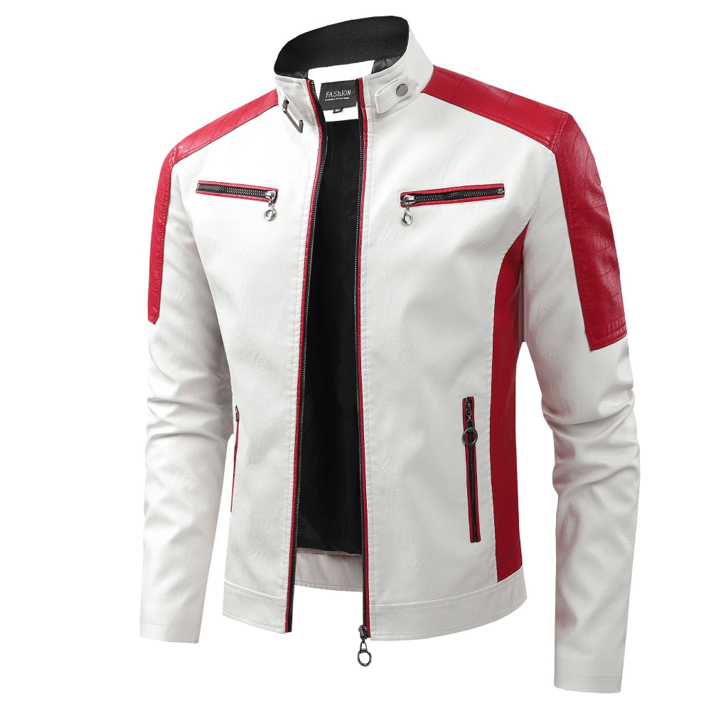 Men's Fashion Color Matching Stand Collar PU Leather Motorcycle Jacket Spring Autumn Thin Casual Leather Jacket Men's Windproof Clothing - 紅白色 - 查看 1