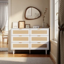 TYBOATLE Modern 6 Drawer Rattan Double Dresser With Gold Handles, Wood Storage Chest Of Drawers Fo Bedroom,Living Room,Hallway - White - View 2