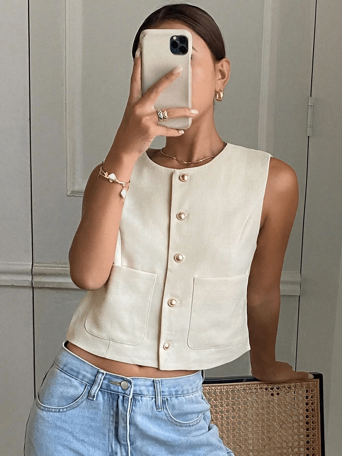 Chaqueta de mujer de unicolor, cuello redondo, sin mangas, ajustada, adecuada para primavera, verano y otoño - Albaricoque - Ver 1