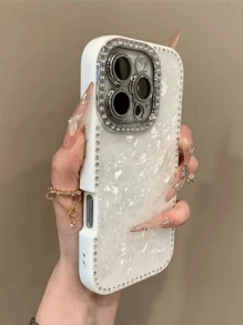 奢华激光水钻纹理手机壳,兼容 17 Pro Max/16 Pro Max/15/14/13,珍珠手链设计,防震保护,硬质边框 - 白貝殼紋 - 查看 4