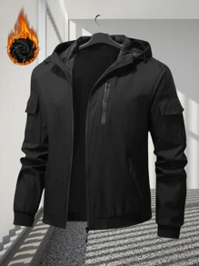 秋冬季保暖内衬户外休闲运动多口袋连帽夹克，男士款，轻便拉链保暖外套，适合徒步、钓鱼、跑步、休闲户外活动，是送给男友、丈夫、父亲的绝佳礼物，抓绒材质。 - 黑色 - 查看 4