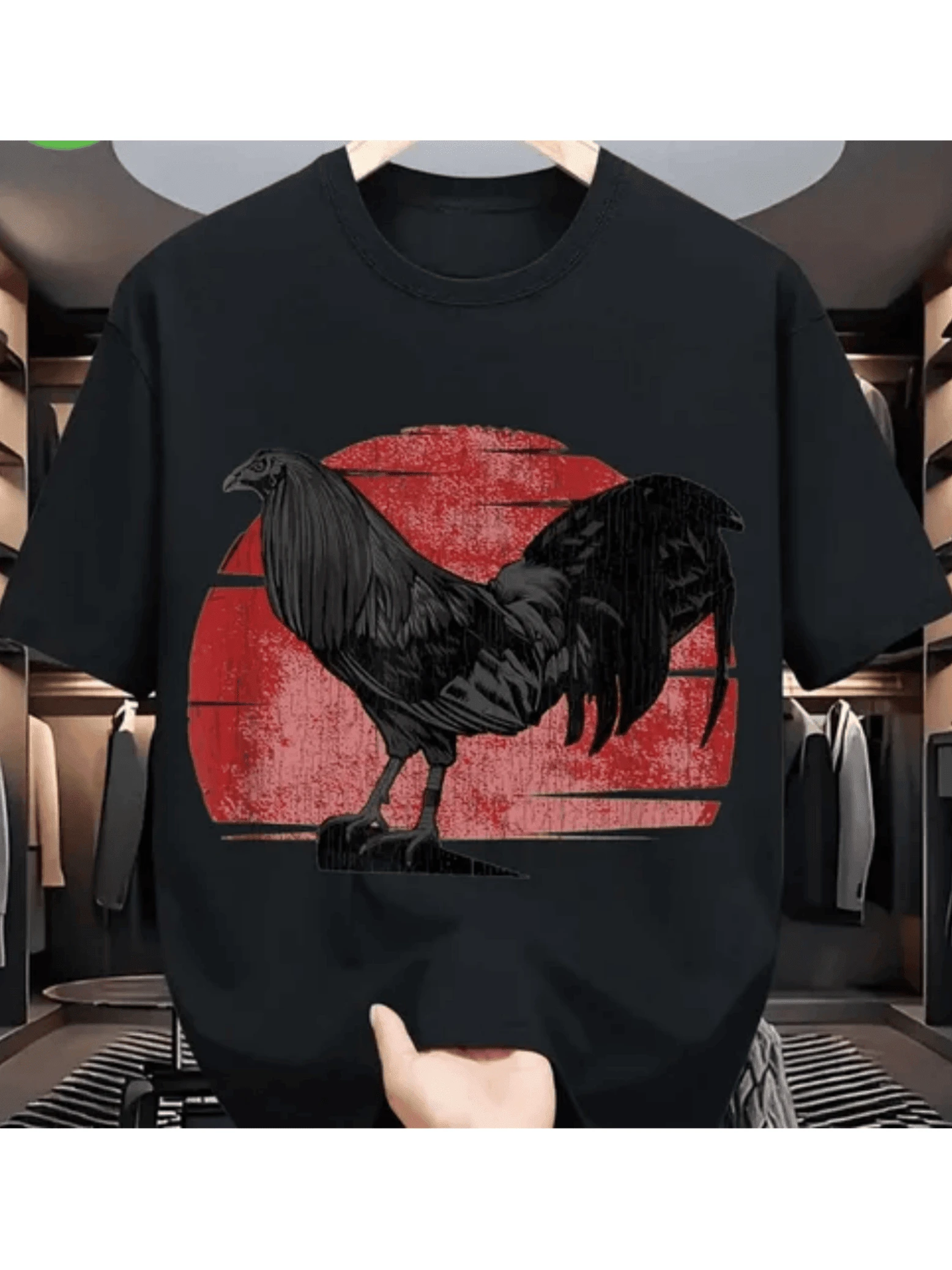 Camiseta Gallo Negro Estilo Vintage Camisa de T 100% algodón con estampado digital Retro 1 unidad de 220 gramos Gallo Japonés en la puesta del sol Camisa de Hombre Casual - Negro - Ver 1