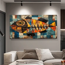 1 件现代抽象彩色鱼帆布艺术印刷品、现代墙壁艺术海报、房间装饰、客厅和卧室家居装饰、鲜艳色彩的几何鱼设计、客厅装饰 | 抽象鱼艺术 | 鲜艳的色彩艺术、鱼装饰、带框或无框