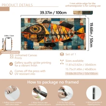 1 件现代抽象彩色鱼帆布艺术印刷品、现代墙壁艺术海报、房间装饰、客厅和卧室家居装饰、鲜艳色彩的几何鱼设计、客厅装饰 | 抽象鱼艺术 | 鲜艳的色彩艺术、鱼装饰、带框或无框