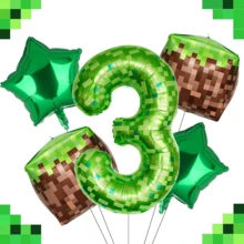 Set de 5 globos numéricos de píxeles verdes a cuadros, incluye globos extra grandes de 40 pulgadas con los dígitos 1, 2, 3, 4, 5, 6, con globos de bloques de hierba y globos de pentágono verde, adecuado para la decoración de fiestas con temática de juegos