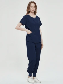 Conjunto de 2 Piezas Uniforme Quirúrgico Anti Fluidos Dama Excelente Calidad, Mujer Uniforme Medico, Conjunto Quirúrgico Filipina Pantalon, Pijama Uniforme Antifluidos Mujer - Azul Marino - Ver 5