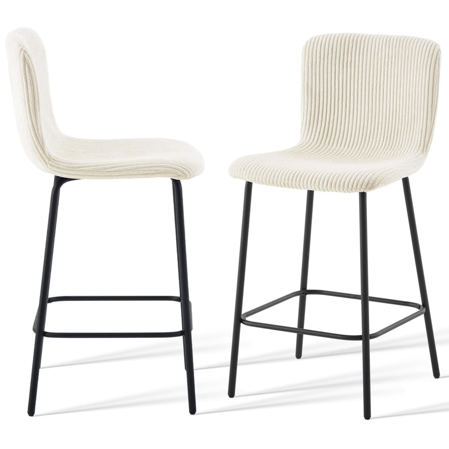 AINPECCA Bar Stools Set Of 2/4 Corduroy Cushion Breakfast Kitchen Counter Chairs With Metal Legs, Backrests & Footrests - Beige - View 1