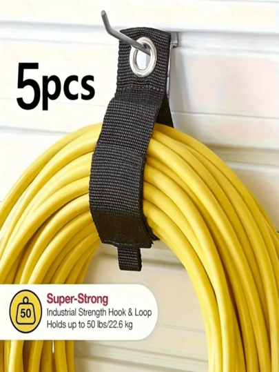 5pcs Heavy Duty Nylon Tool Lanyards, Black, Foldable Multi-Purpose Storage Hanging Straps With Industrial Grade Hooks, 50lbs Capacity, Suitable For Garage, Storeroom Wall-Mounted Equipment Organization, Garage Tool Rack