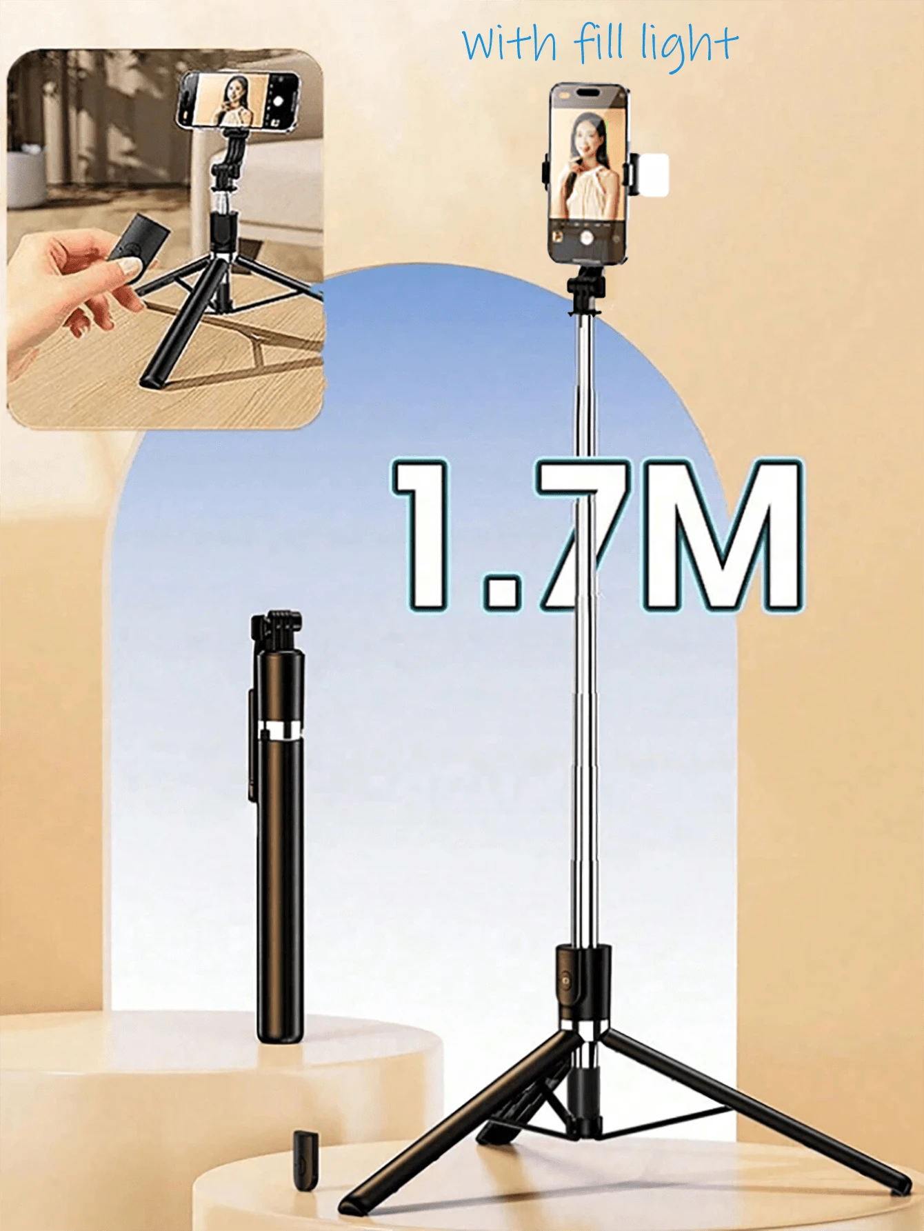 66.9/27.6 英寸蓝牙自拍杆三脚架，带补光灯和遥控器，适用于直播和摄影，兼容大多数智能手机，配备 LED 灯，便携式可调光 LED 摄影灯，适用于相机和摄像机，可用于自拍、视频录制、Zoom 会议、采访、直播、Vlog、家庭聚会、圣诞派对拍摄，也可用于手持自拍和户外活动