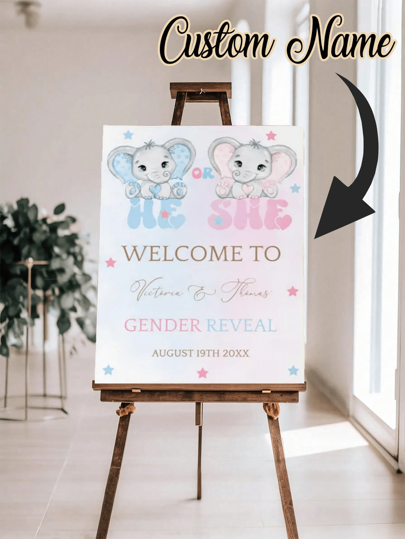 Personalized Elephant Gender Reveal Welcome Sign, Customizable Items, Customizable Pastel Pink And Blue Baby Shower Poster, Baby Shower, Gender Reveal Poster