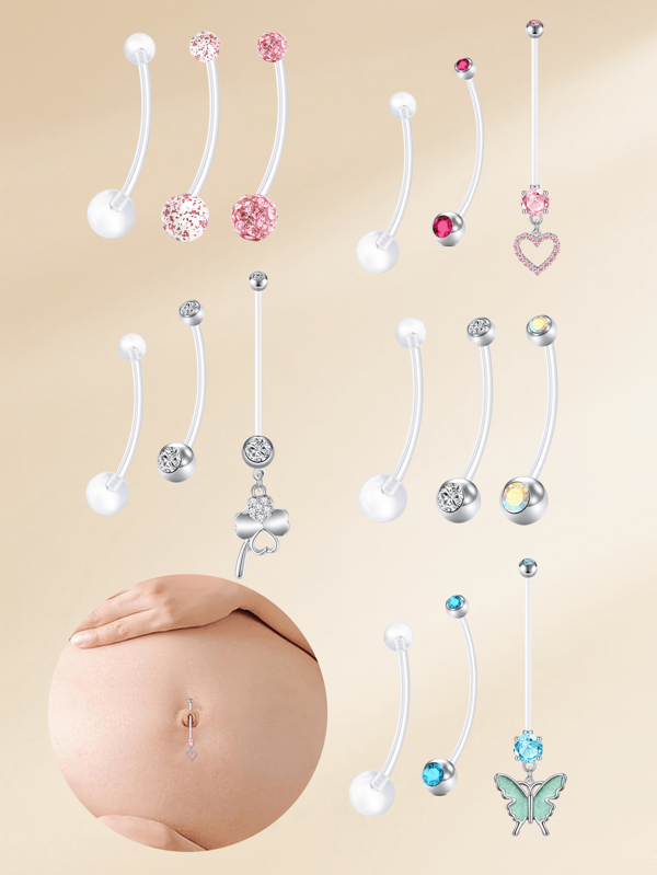 3pcs Funky Plastic 16G Pregnancy Belly Button Rings For Pregnant Women For Daily Decoration, 25-38mm Long Bar Belly Navel Rings For Maternity Sport Flexible Clear Pink Blue White Belly Piercing Retainer Length Bar