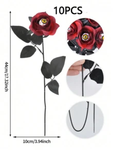 2PCS/5PCS/10PCS 玫瑰人造花人造血玫瑰和眼睛花束仿真单枝长茎假丝玫瑰束适合派对、家庭、万圣节 DIY 装饰 - 萬聖紅玫瑰黃眼 - 查看 10