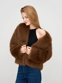 1pc Women's Solid Color Faux Fur Soft Jacket, Suitable For Autumn/Winter, Music Concerts, Halloween, Office, Outings, Birthday, Sexy Nightclub, Casual