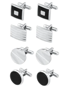 1/4Pairs Cufflinks For Men Classic Tone Cuff Links Silver Black Striped Disc Square Rectangle Cuff Links Shirt Suit Men's Cufflinks For Wedding Groom Business & Father Elegant Gift Halloween Accessories Teachers Day