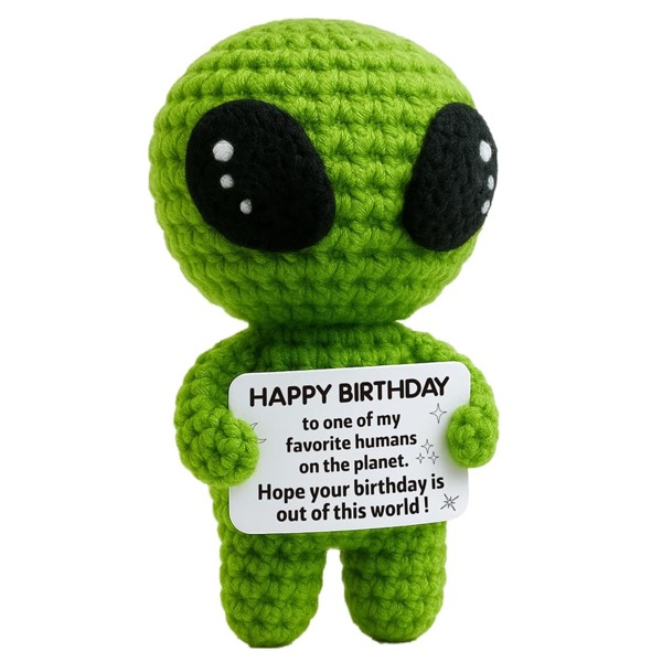 1 stuk handgemaakte gehaakte bureaubladdecoratie, grappige Alien Happy Birthday-cadeaukaart, Vaderdagcadeau voor papa, mama, haar, hem, zus, beste vriend(in), meisje, jongen, heuptas, handgemaakt gebreid, positieve stemming
