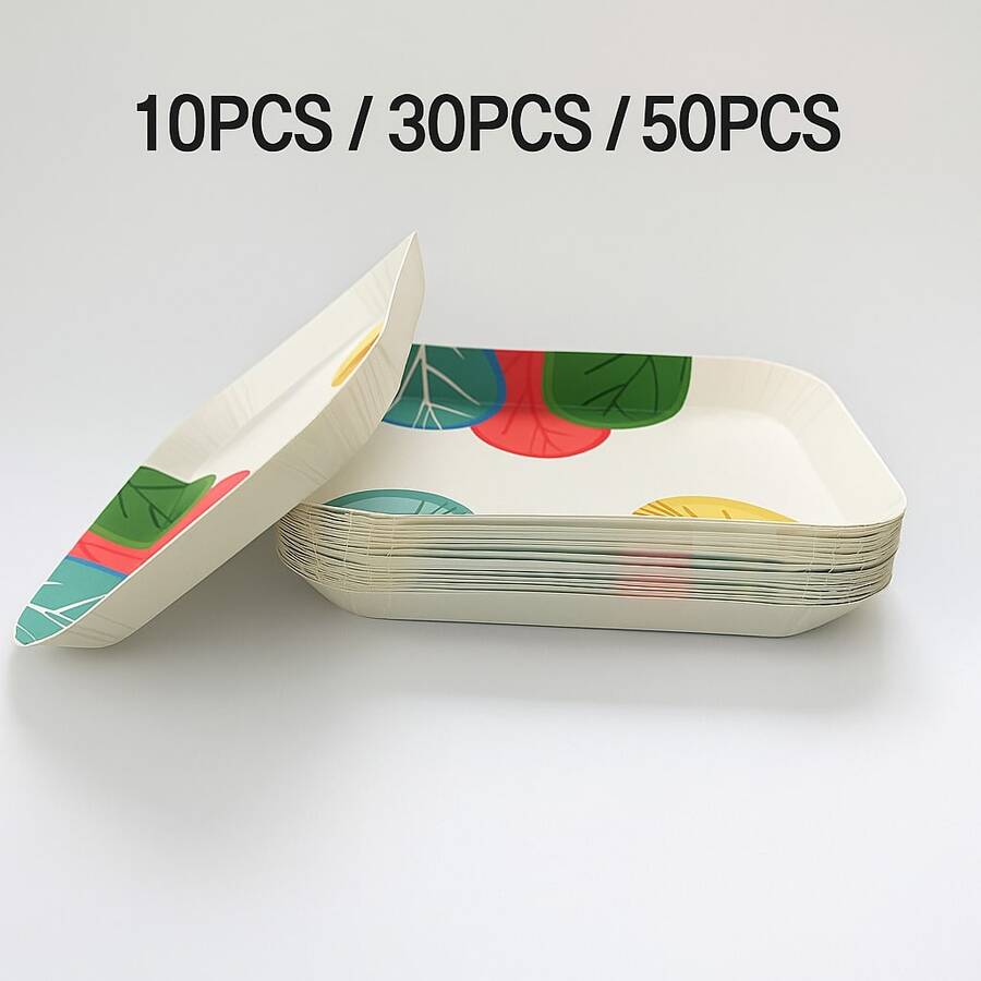 Short Rectangular Disposable Paper Plates - 10/30/50PCS Plates With Leaf Printing Design - For Dessert, Snacks,Catering,BBQ,Birthday,Holiday Gathering