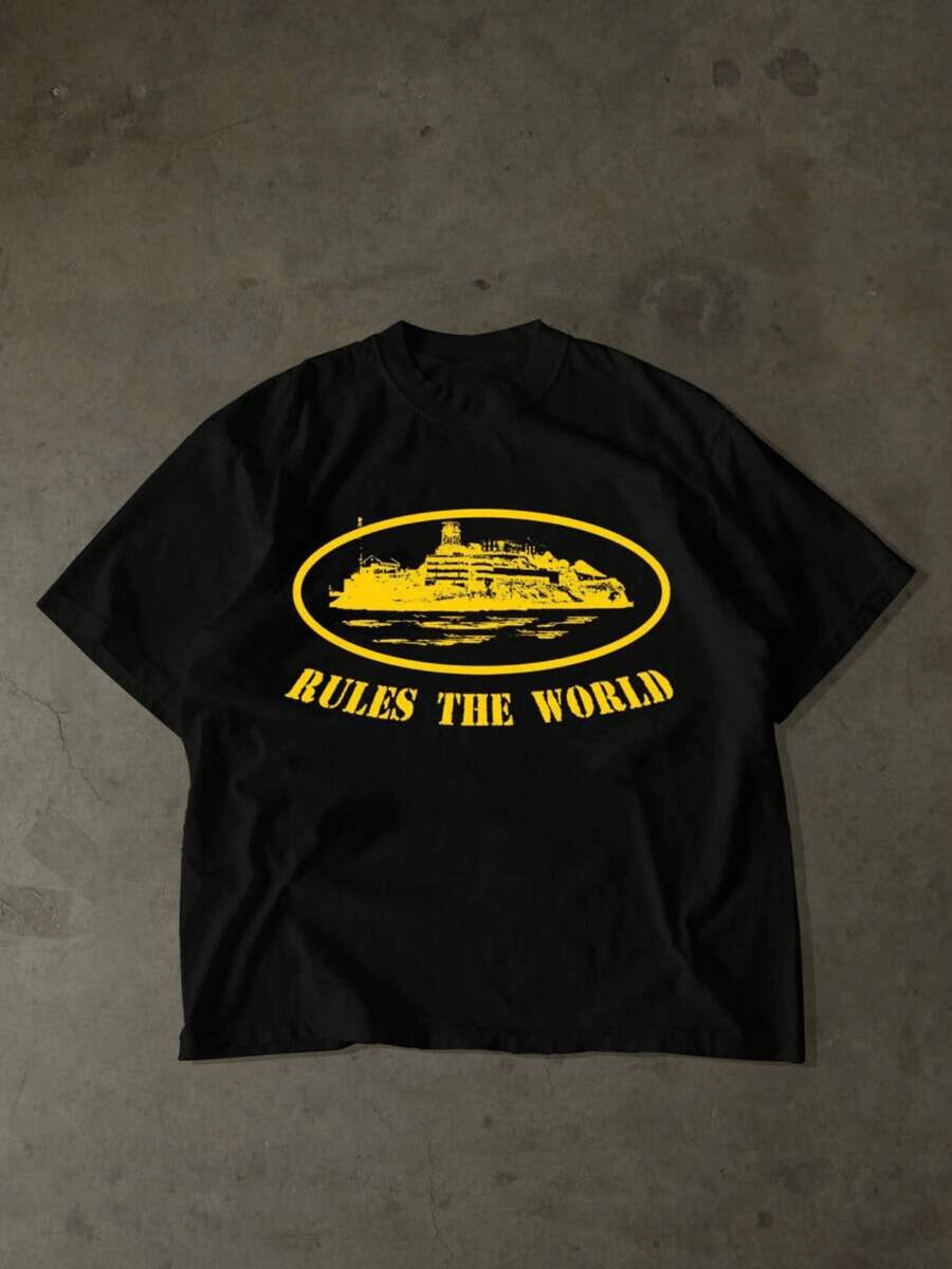 Alcatraz Island Graphic Tee Oval Design, Rules The World Text, Black Cotton Short Sleeve Shirt, Island Prison Print, Vintage Style Apparel - màu đen - Xem 1