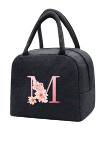 1 件隔热午餐袋 - 黑色帆布轻便便携式冷藏袋，带粉色花卉字母图案保温午餐盒手提袋，适用于学校办公室野餐露营和旅行；多功能食品储存袋可重复使用手提包，适合男孩女孩学生教师和专业人士，女士后印花午餐袋，学校午餐盒 - 黑色 - 查看 29