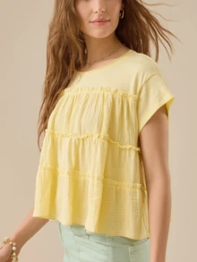 Women Y2k Solid Color Babydoll Blouse Pleated Ruffle Hem Flowy Crop Tops Loose Fit Short Sleeve Round Neck T Shirt Summer Going Out Tops Daily Casual Streetwear - 黃色 - 查看 4