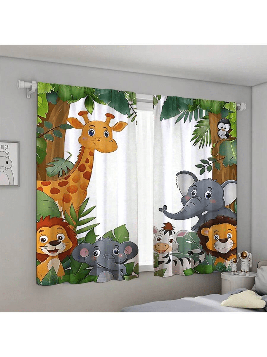 2 Packs Jungle Animal Blackout Curtains - Rod Pocket Polyester Woven Curtains For Bedroom & Various Rooms - Cartoon Safari Zoo Theme - Machine Washable - Contemporary Style - Multicolor - View 2