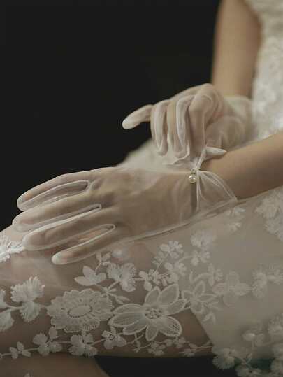 1 Pair Women's Elegant Fashion Transparent Beaded Gloves, Suitable For Wedding Ceremony And Reception Fall Clothes For Women