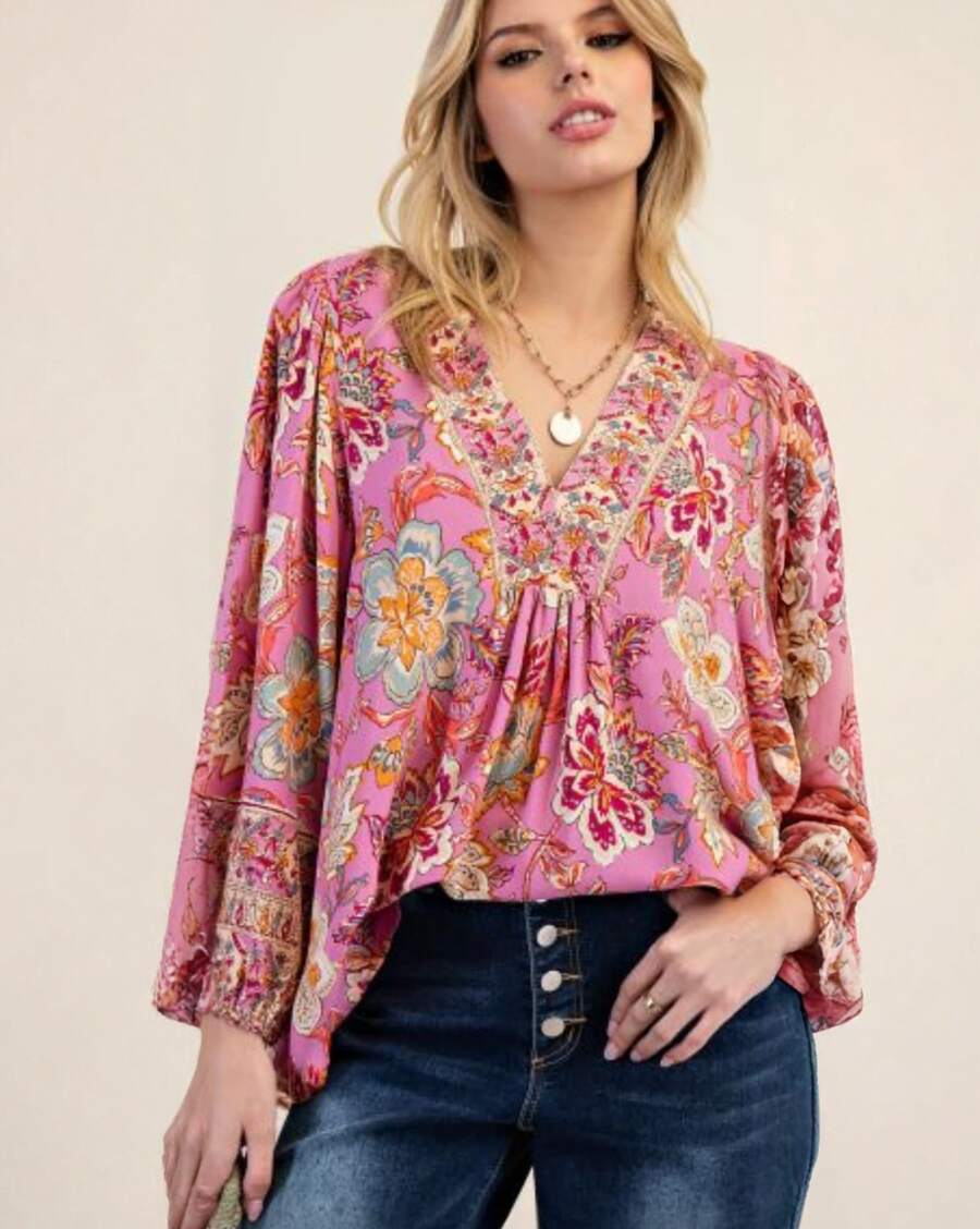Boho Floral Print V-Neck Blouse For Women – Long Sleeve Lightweight Tunic Top With Embroidered Details – Loose Fit Casual Shirt For Spring & Summer, Perfect With Jeans Or Shorts (Not Bulky & Good For Layering) - 粉色 - 查看 1
