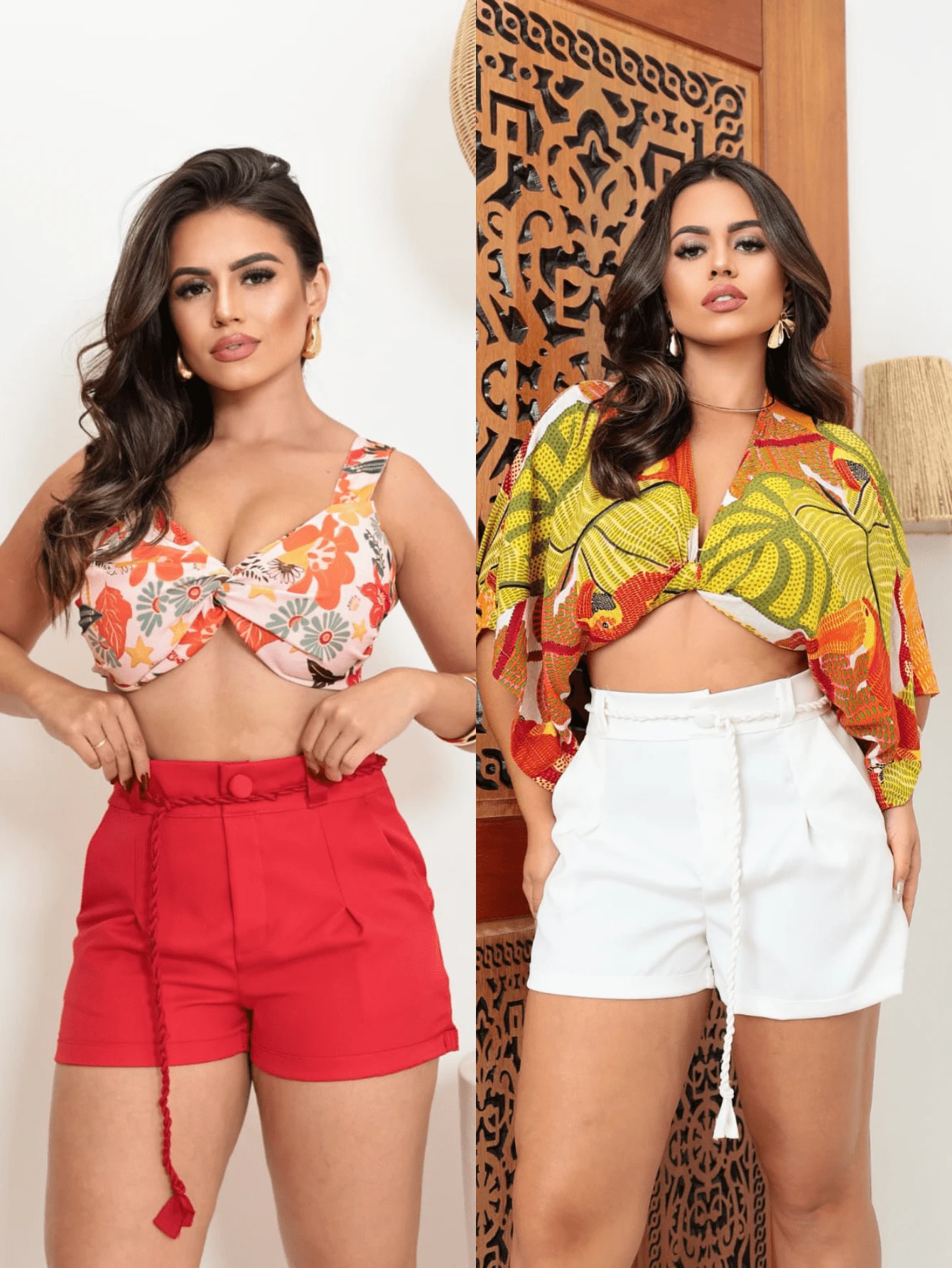 Kit 2 Short Alfaiataria com Cinto de Cordão Bermuda Fashion - Vermelho e Branco - Visão 1