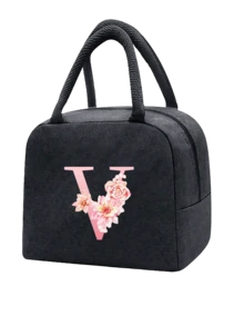 1 件隔热午餐袋 - 黑色帆布轻便便携式冷藏袋，带粉色花卉字母图案保温午餐盒手提袋，适用于学校办公室野餐露营和旅行；多功能食品储存袋可重复使用手提包，适合男孩女孩学生教师和专业人士，女士后印花午餐袋，学校午餐盒 - 黑色 - 查看 18