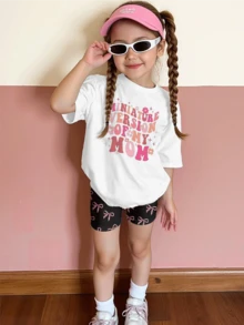 Girls' Cute Pink Floral Miniature Version Of My Mom Graphic Tee Shirt  Kids Summer Casual Short Sleeve Top - 白色 - 查看 1