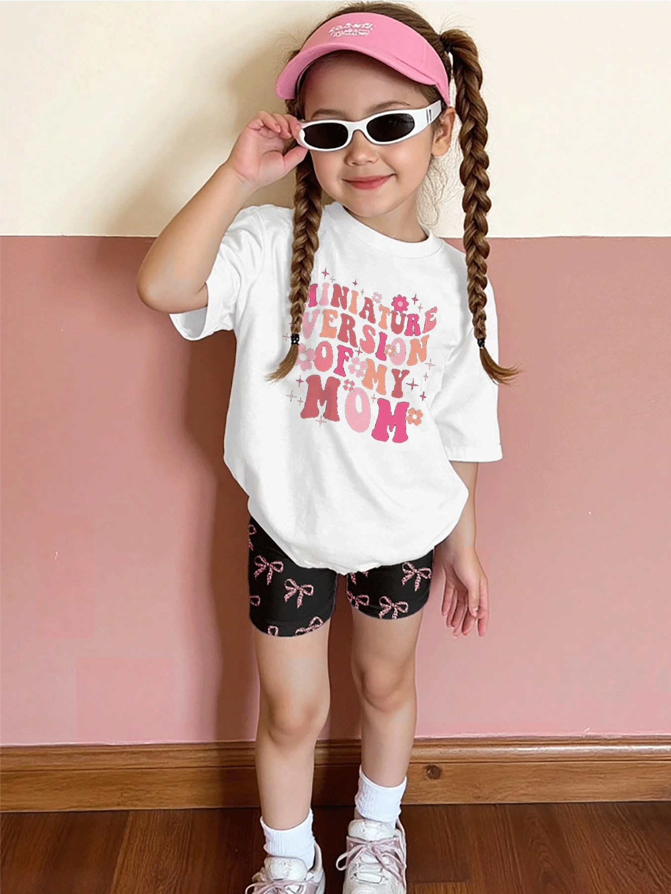 Girls' Cute Pink Floral Miniature Version Of My Mom Graphic Tee Shirt  Kids Summer Casual Short Sleeve Top - 白色 - 查看 1