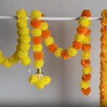 1PCS Marigold Flower Garland For Mantle Hanging Artificial Bells Diwali Garland Wreath For Door Home Party Decoration(160CM) - 橘色 - 查看 7