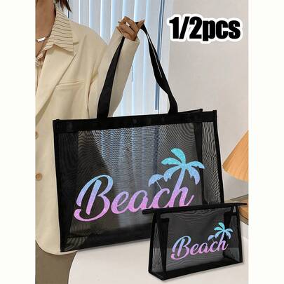 해변 테마 대용량 메시 가방 세트, "Beach" 및 코코넛 나무 패턴 인쇄 메시 가방, 메시 해변 가방 핸드백, 메시 화장품 보관 가방, 접이식 수영 대용량 해변 가방, 방수 및 방사, 레터 장식 메시 해변 핸드백 여성용 싱글 숄더 핸드백, 개인화 된 선물 가방, 야