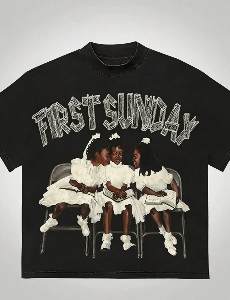 "FIRST SUNDAY" Themed Print T-Shirt, Children Graphic | Loose Fit | Black Casual Top