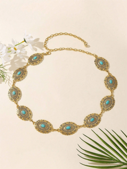 Vintage Oval Floral Pattern Faux Silver Waist Chain, Versatile Embossed Metal Waist Belt For Dresses And Pants